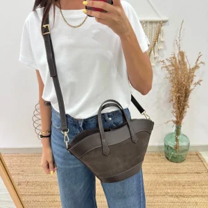 Mini Tote estructurado en piel y serraje marrón