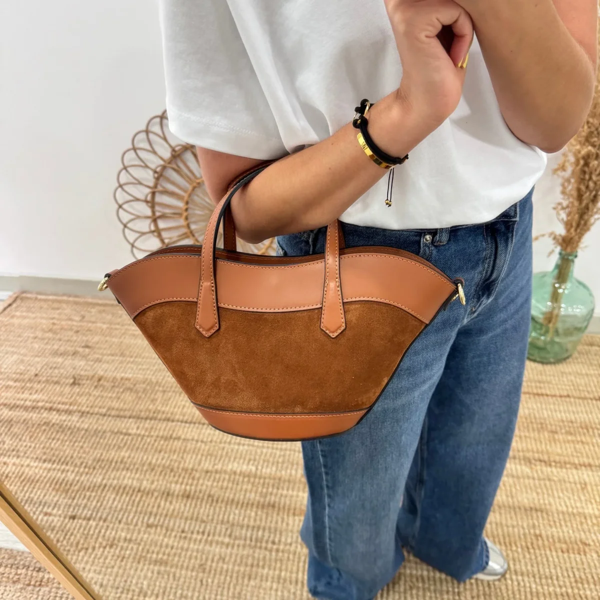 Mini Tote estructurado en piel y serraje camel - Imagen 3