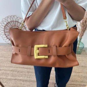 Bolso fruncido hebilla piel camel