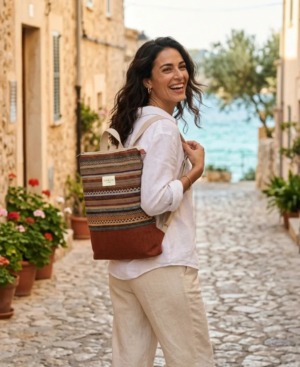Mochila Camil Tapiz Rayas Terracota y Base Lino - Imagen 4
