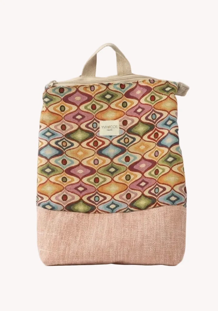 Mochila Camil Tapiz Étnico Coral y Base Lino Rosa