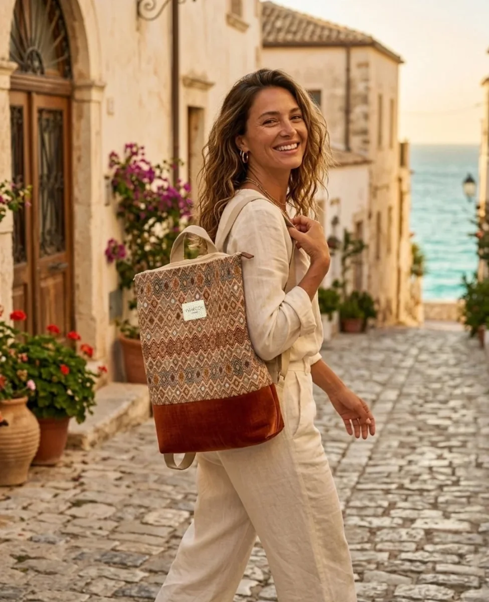 Mochila Camil Tapiz Zigzag Terracota y Base Ante - Imagen 4