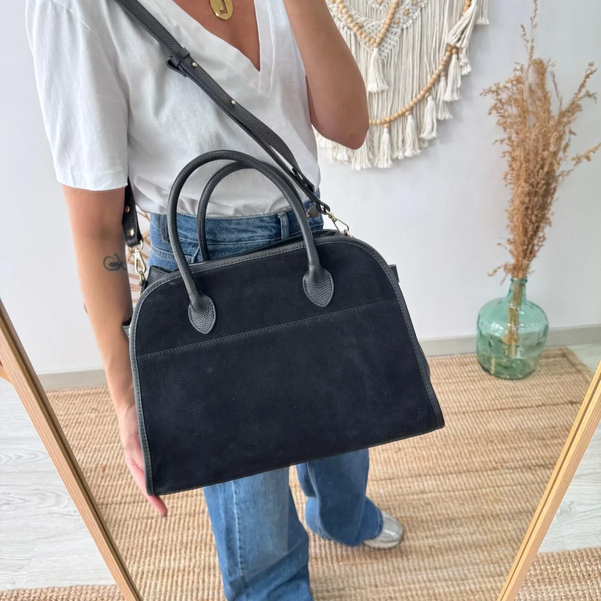 Shopper hebillas serraje y piel negro - Imagen 4