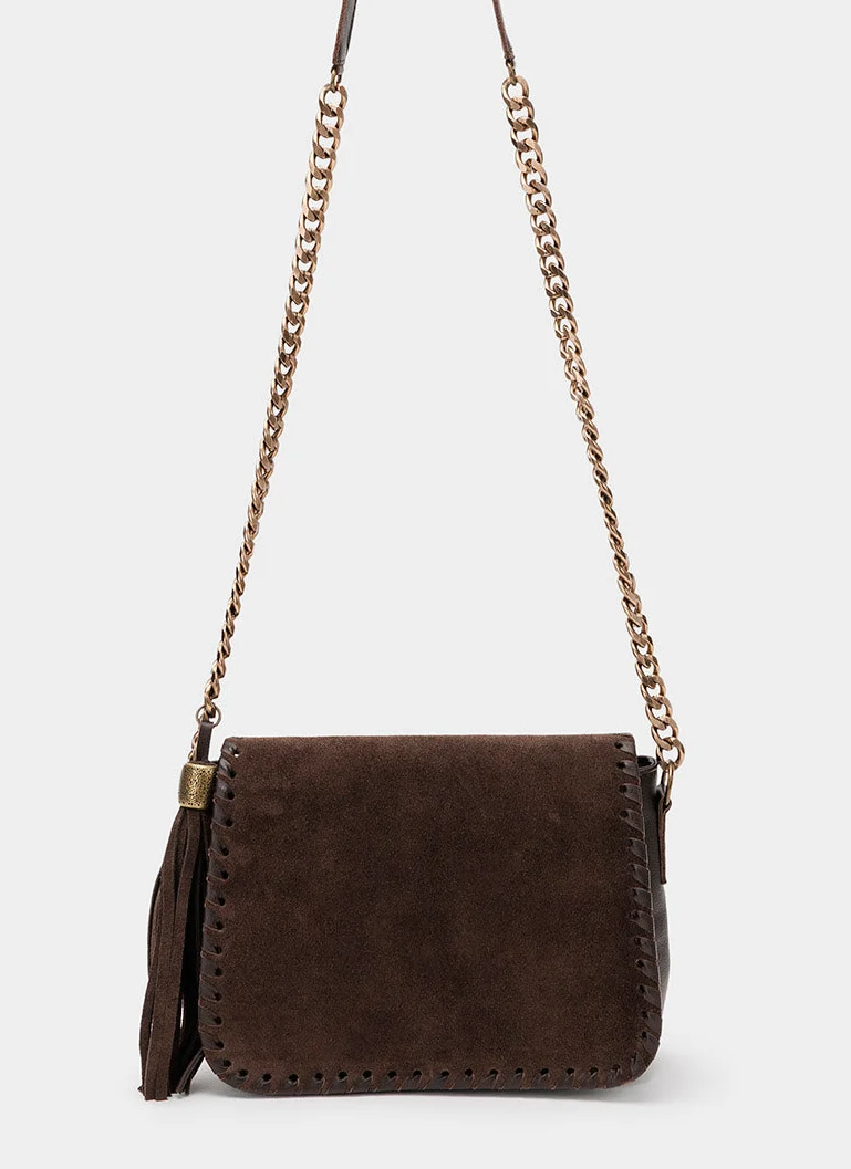 Bolso Bandolera Marrón Solapa Ante - Imagen 5