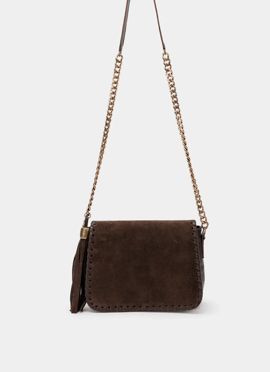 Bolso Bandolera Marrón Solapa Ante