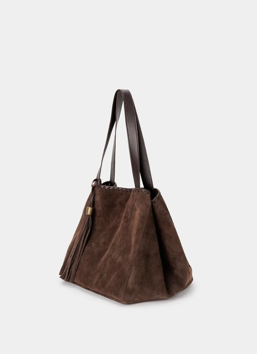 Bolso Tote Ante Marrón Chocolate Borlón - Imagen 6