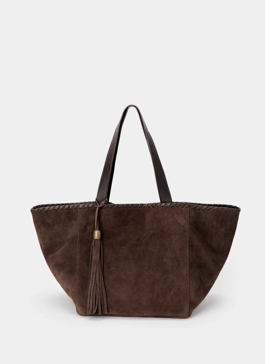 Bolso Tote Ante Marrón Chocolate Borlón - Imagen 2