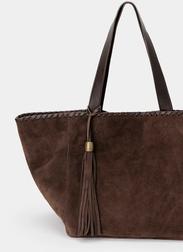 Bolso Tote Ante Marrón Chocolate Borlón - Imagen 5