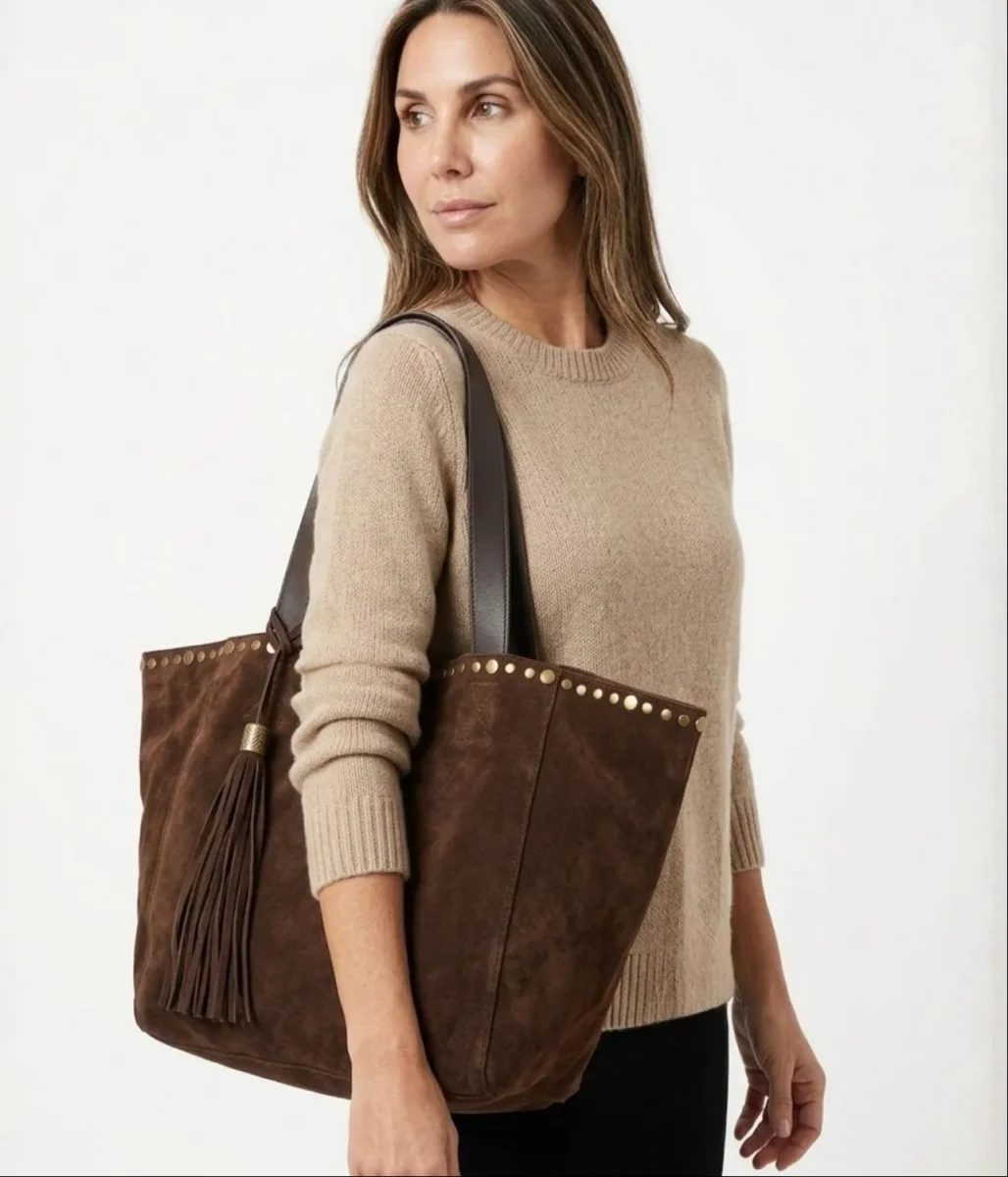 Bolso Tote Ante Marrón Tachas - Imagen 3