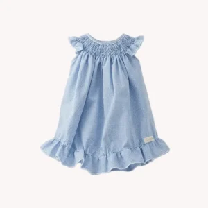 Conjunto Bebé Vestido Alas de Ángel y Bombacha Pata de Gallo Azul