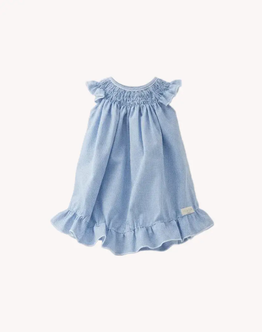 Conjunto Bebé Vestido Alas de Ángel y Bombacha Pata de Gallo Azul