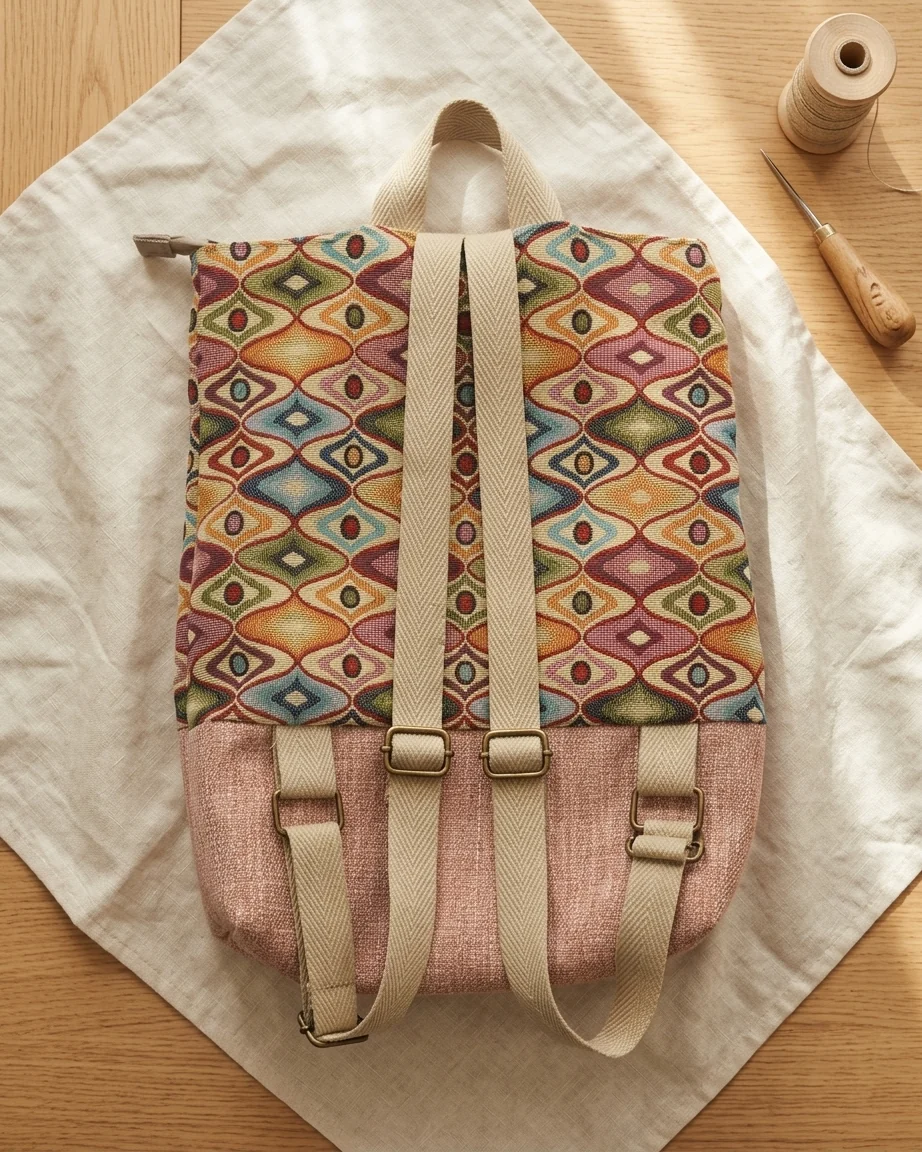 Mochila Camil Tapiz Étnico Coral y Base Lino Rosa - Imagen 4