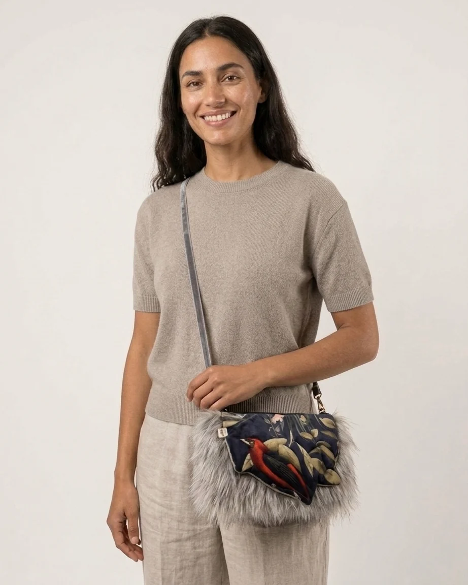 Bolso Clutch 3D Relieve Loro Tropical Pelo Gris - Imagen 3