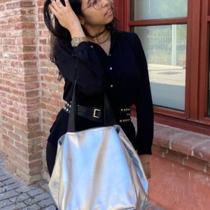 Bolso Grande Plateado Piel