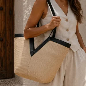 Bolso Shopper Grande de Rafia Trenzada Beige