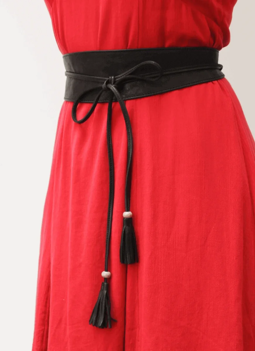 Cinturón Boho Piel Rojo Pom-Pom - Imagen 4