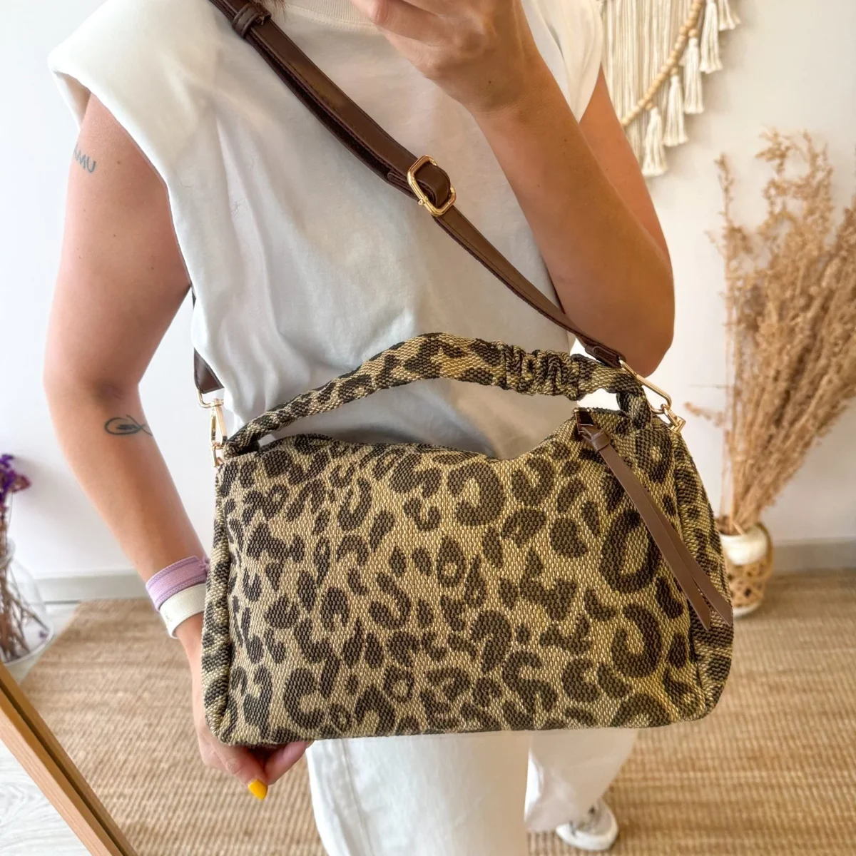 Bolso asa mano PU animal print marron - Imagen 5