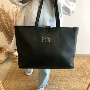 Shopper grande piel negro cremallera personalizado iniciales bordadas