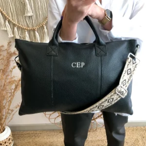 Bolso para portatil piel negro iniciales bordadas