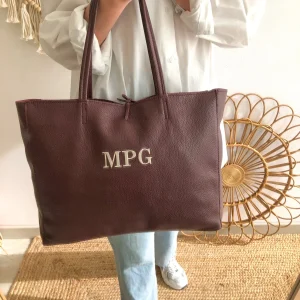 Shopper grande piel granate cremallera personalizado iniciales bordadas