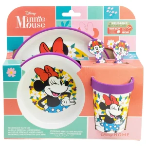 SET 5 PCS ANTIDESLIZANTE (PLATO, CUENCO, VASO Y CUBIERTOS) PREMIUM BICOLOR EN CAJA MINNIE SUNSHINE