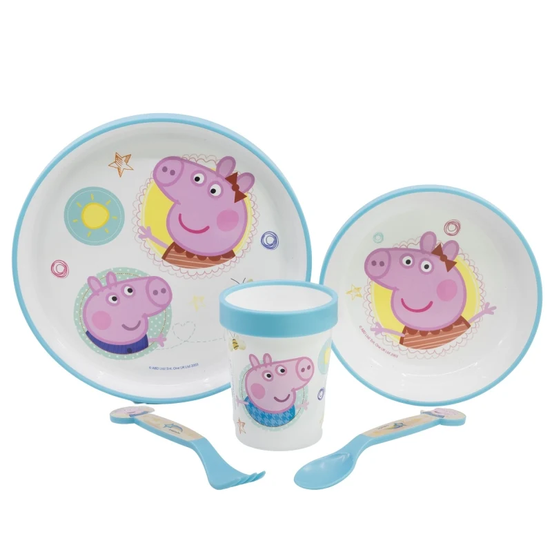 SET 5 PCS ANTIDESLIZANTE (PLATO, CUENCO, VASO Y CUBIERTOS) PREMIUM BICOLOR EN CAJA PEPPA PIG CORE - Imagen 2