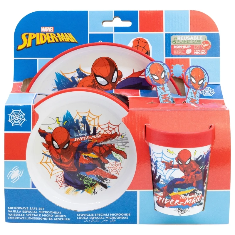 SET 5 PCS ANTIDESLIZANTE (PLATO, CUENCO, VASO Y CUBIERTOS) PREMIUM BICOLOR EN CAJA SPIDERMAN MOVING TARGET - Imagen 2