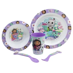 SET MICRO 5 PCS (PLATO, CUENCO, VASO Y CUBIERTOS) EN CAJA GABBY'S DOLLHOUSE BAB