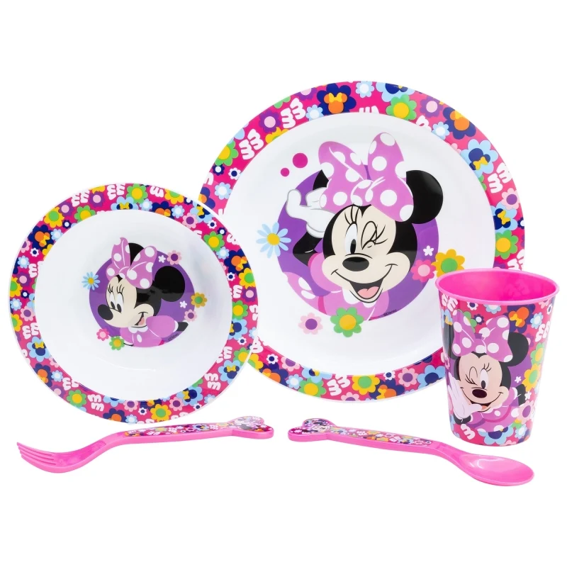 SET MICRO 5 PCS (PLATO, CUENCO, VASO Y CUBIERTOS) EN CAJA MINNIE BOLD FLORALS - Imagen 2