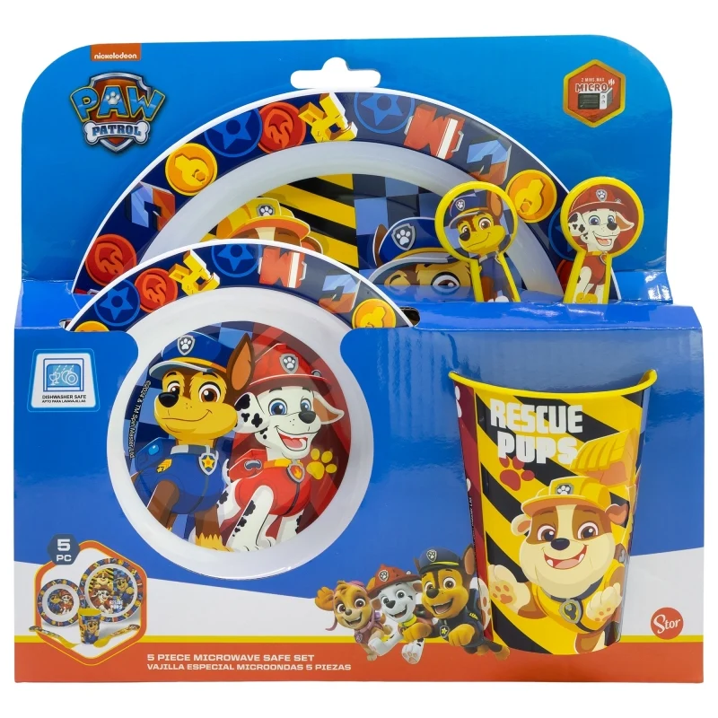 SET MICRO 5 PCS (PLATO, CUENCO, VASO Y CUBIERTOS) EN CAJA PAW PATROL BOY RESCUE PUPS - Imagen 2