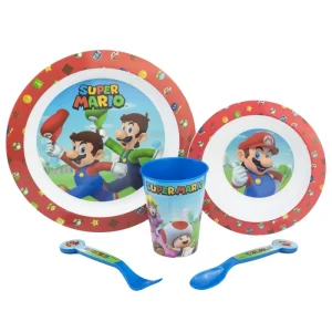 SET MICRO 5 PCS (PLATO, CUENCO, VASO Y CUBIERTOS) EN CAJA SUPER MARIO
