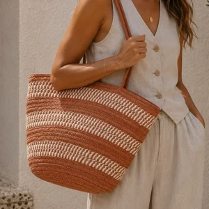 Bolso Shopper Trenzado con Beige Mujer Verano