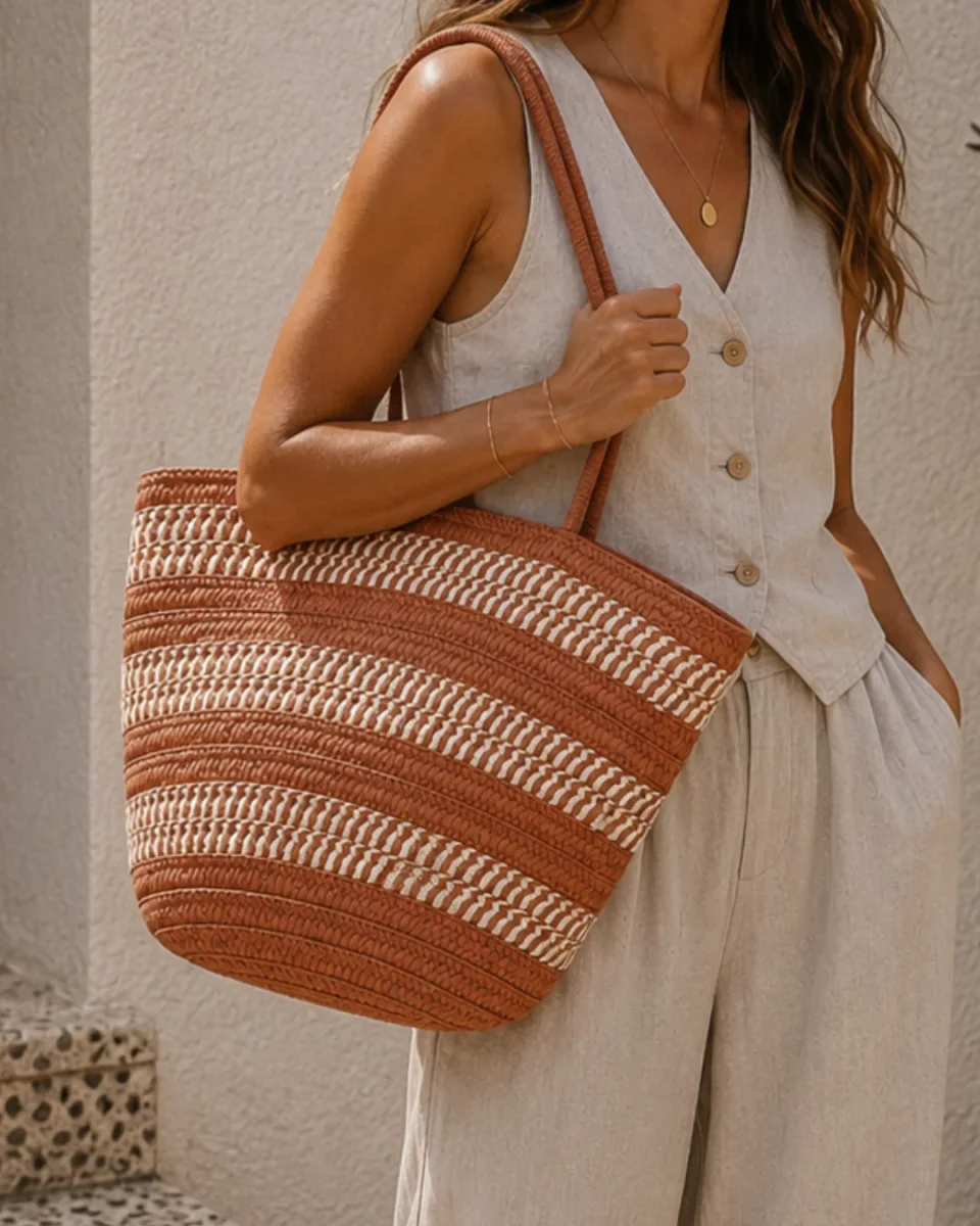 Bolso Shopper Trenzado con Beige Mujer Verano